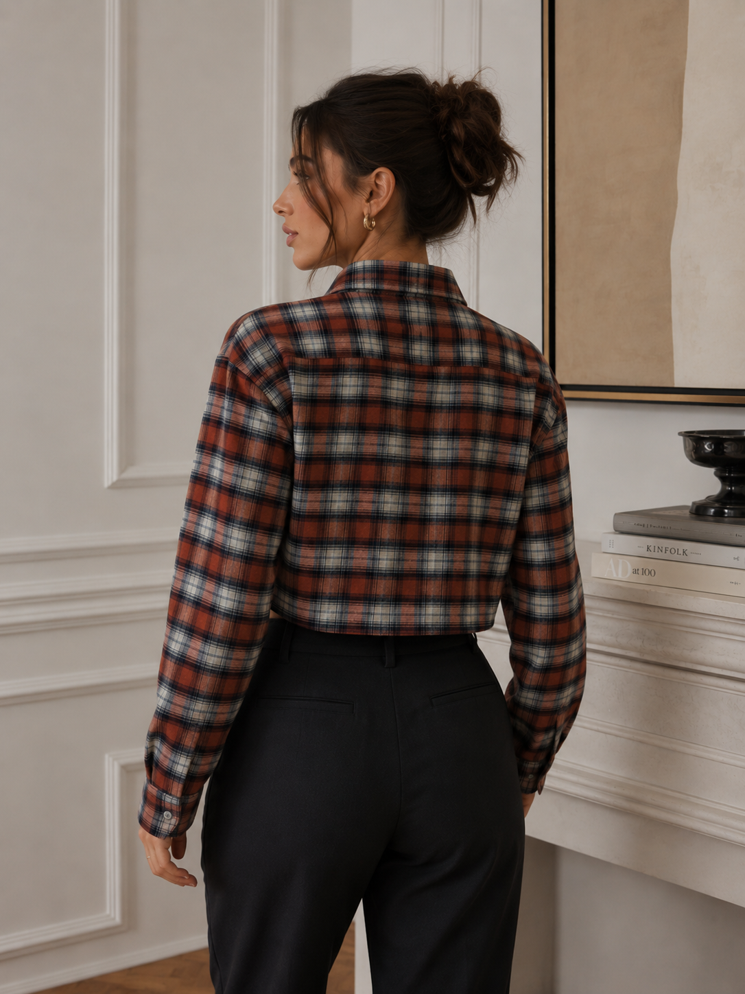 Women’s Rust Plaid Cropped Drop Shoulder Shirt