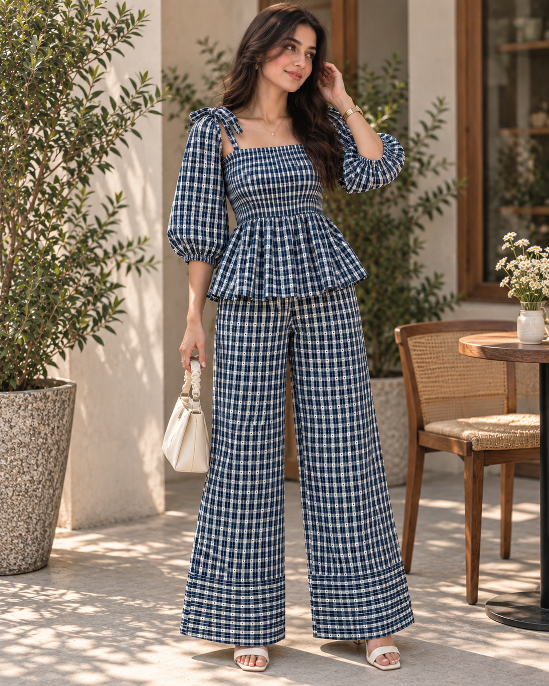 Elara Navy Check Peplum Co-Ord Set