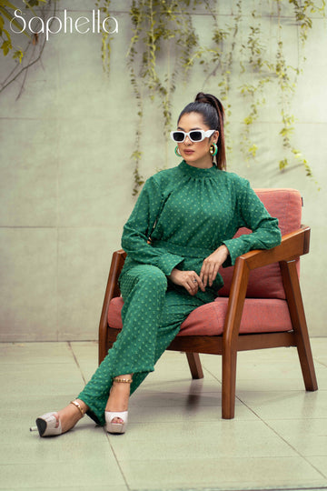 Emerald Whisper Ruffled High Neck Co-Ord Set