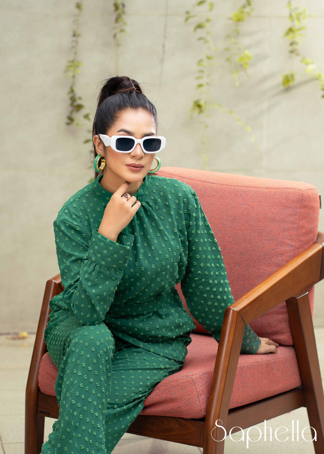 Emerald Whisper Ruffled High Neck Co-Ord Set