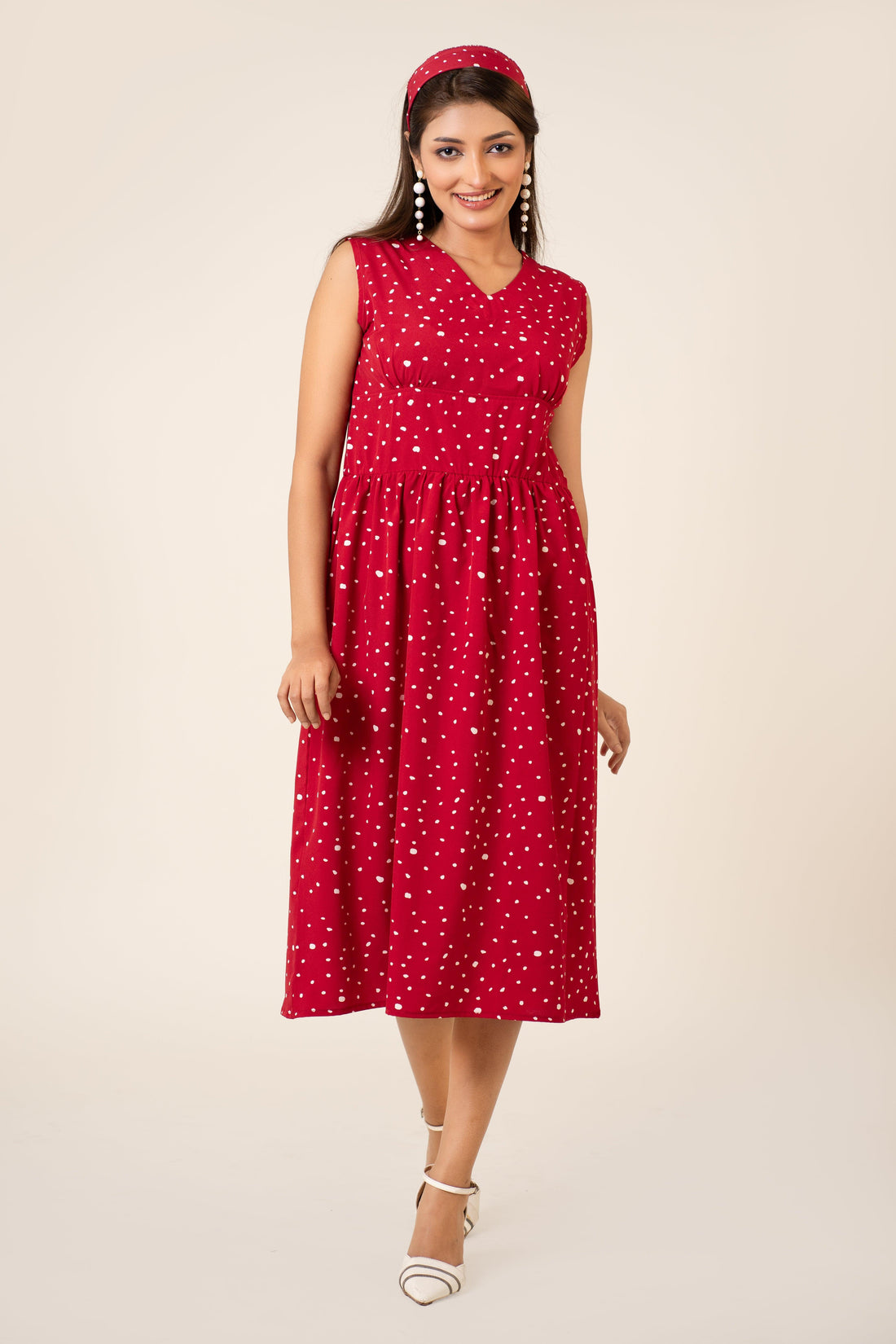 Red Playful Polka-dot Midi Dress