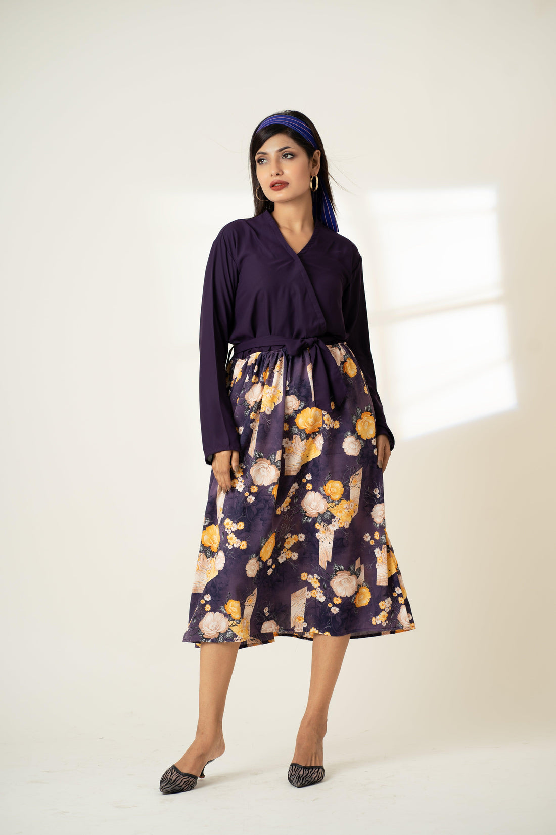 SAPHELLA Modely Floral Print Surplice Front Belted Dress