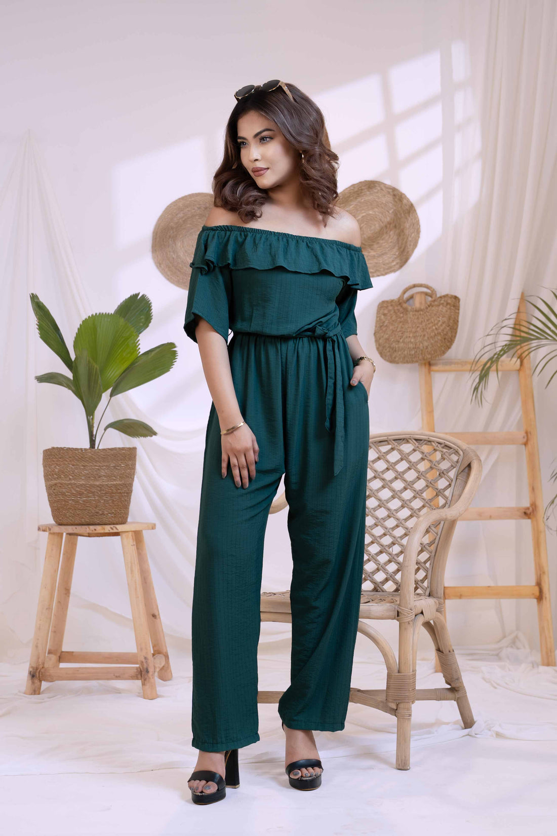 Emerald Breeze Off-Shoulder Jumpsuit
