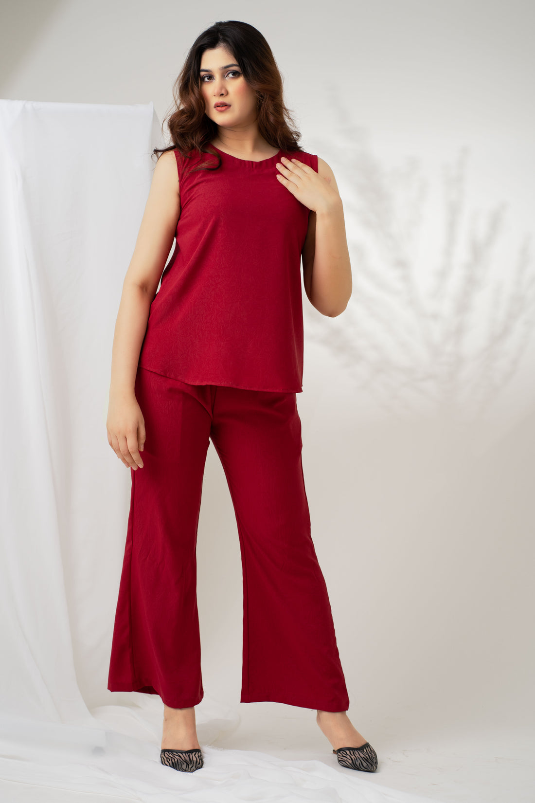 Classic Red Sleeveless Short Length Solid Co-ord Set