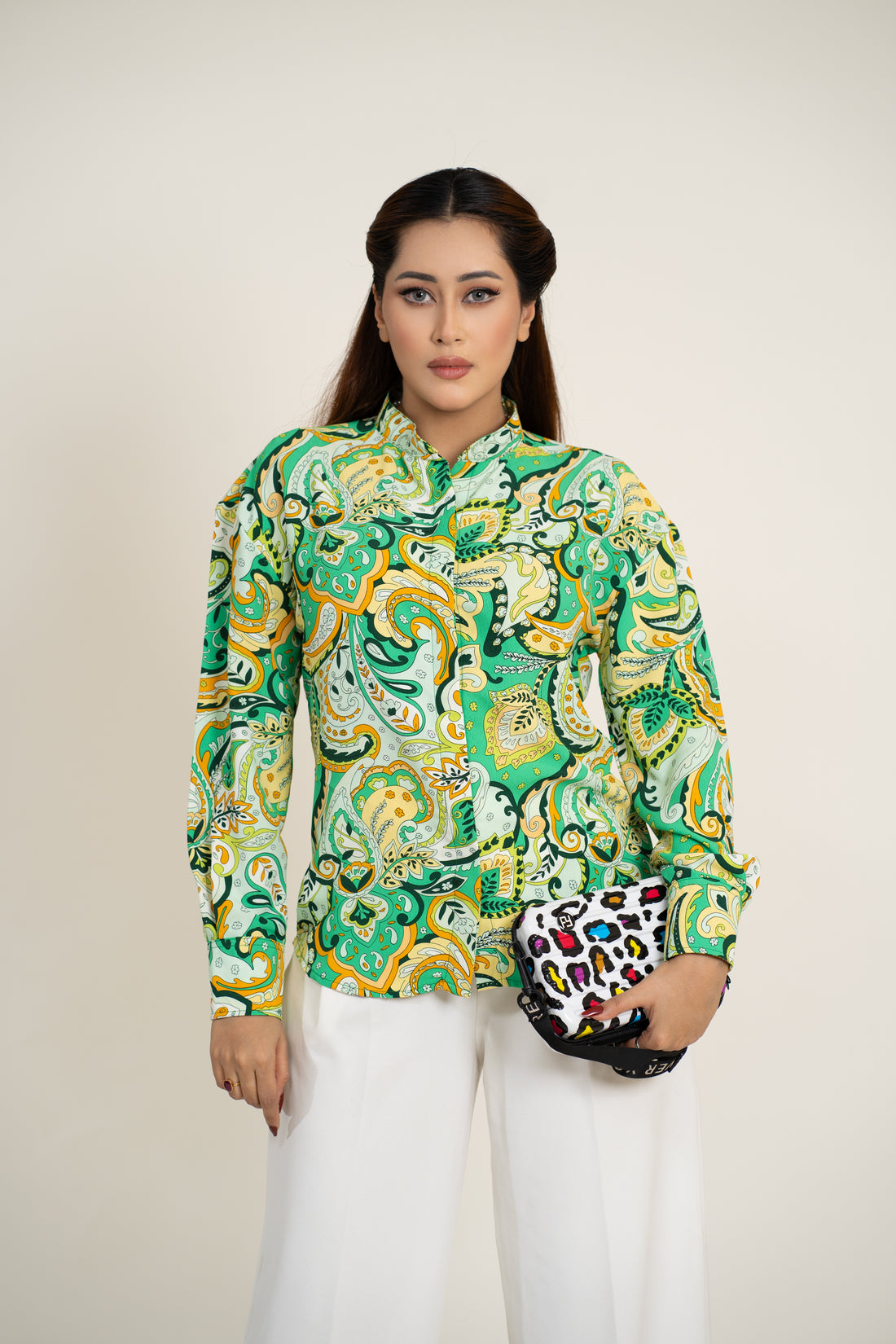 Women Green Print Shirt Long Sleeve Button Blouses