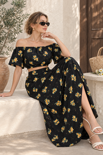 Black Floral Off-Shoulder Crop Top & Maxi Skirt Set