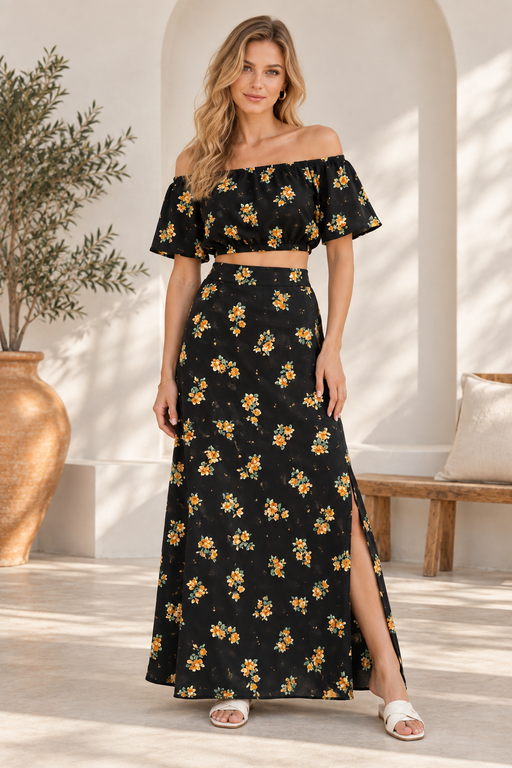 Black Floral Off-Shoulder Crop Top & Maxi Skirt Set