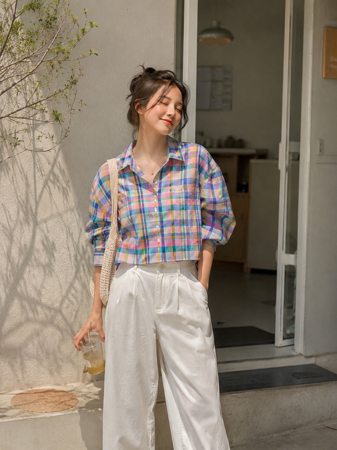 Women's Multicolor Plaid Cropped Cotton Shirt