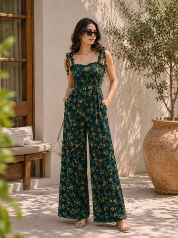 Green Floral Tie Strap Jumpsuit