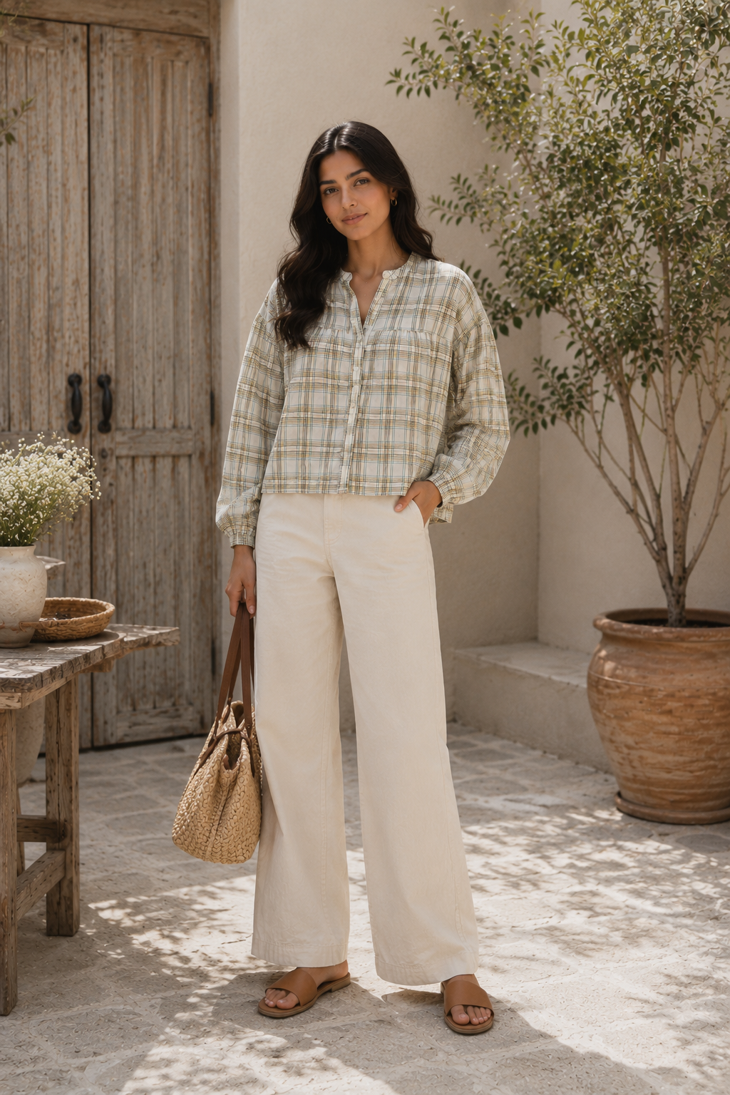 Women's Sage Plaid Cotton Blouse