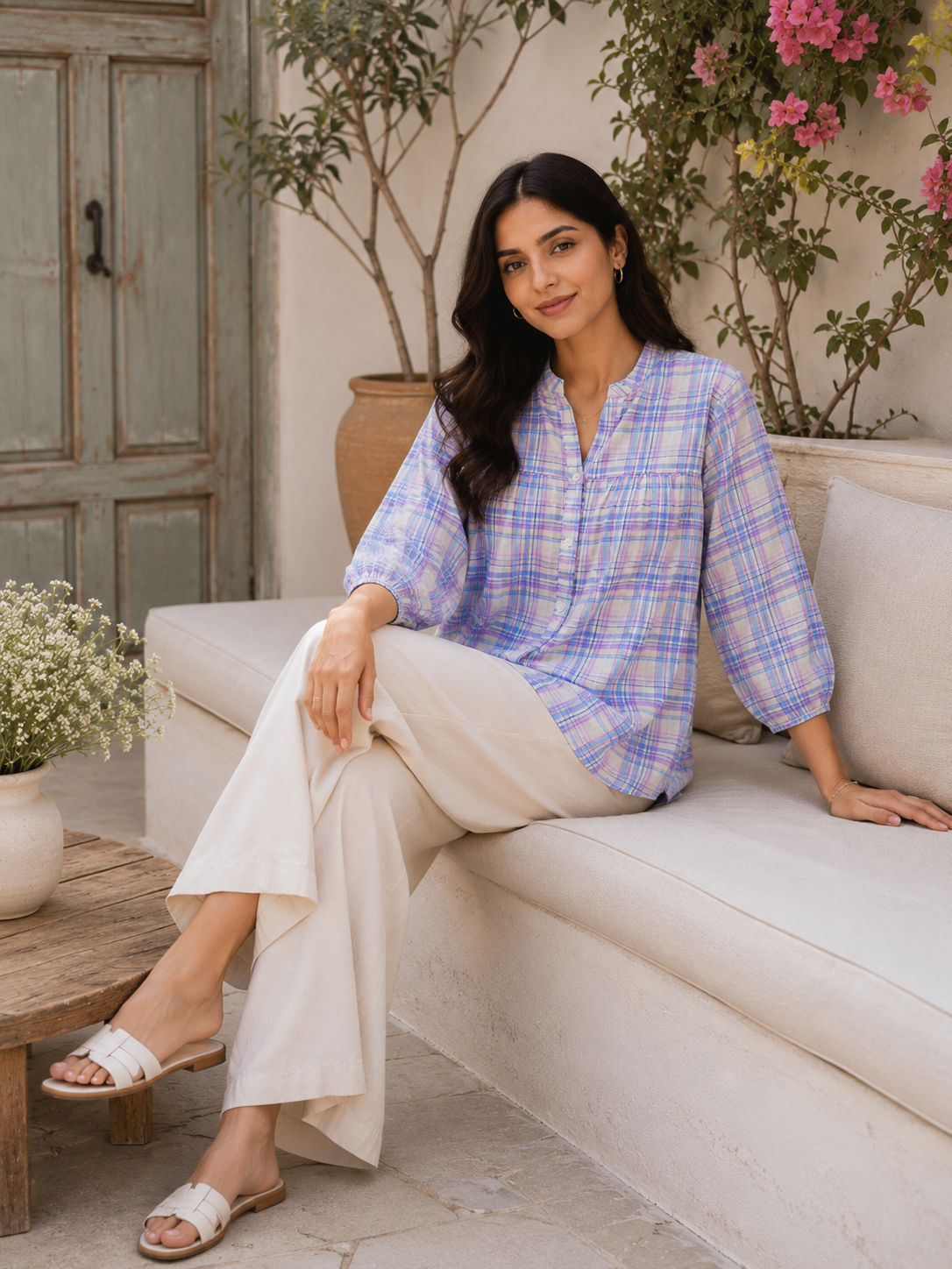 ZYNA Women's Pastel Plaid Cotton Casual Top