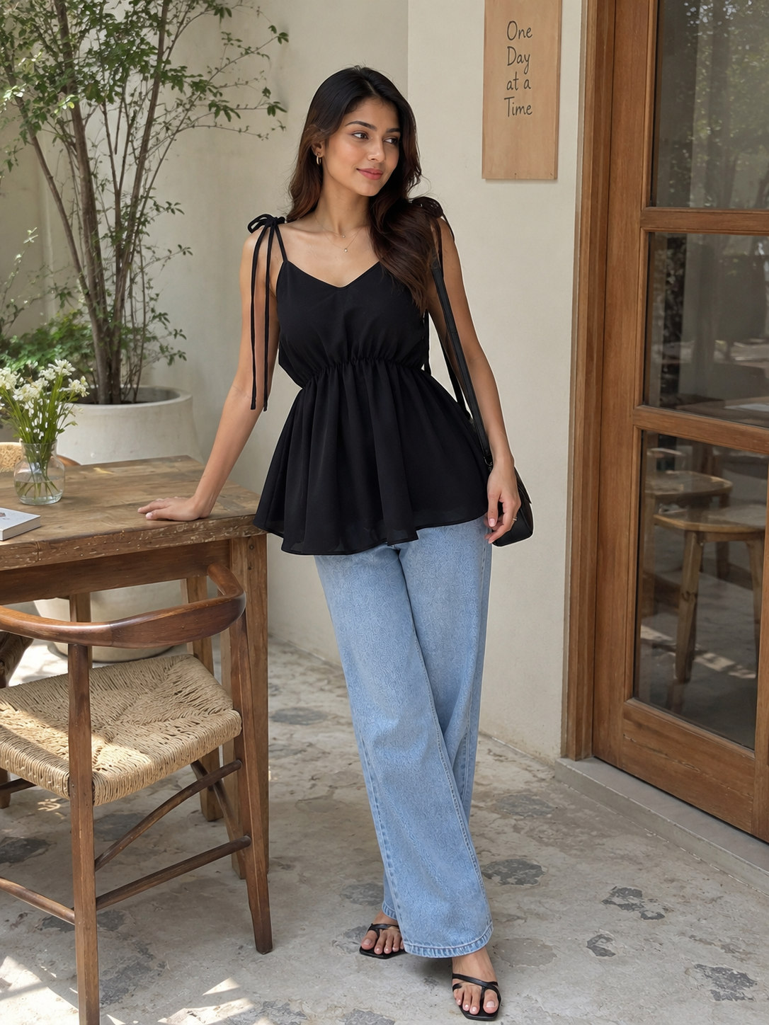 Women's Black Tie-Shoulder Peplum Cami Top