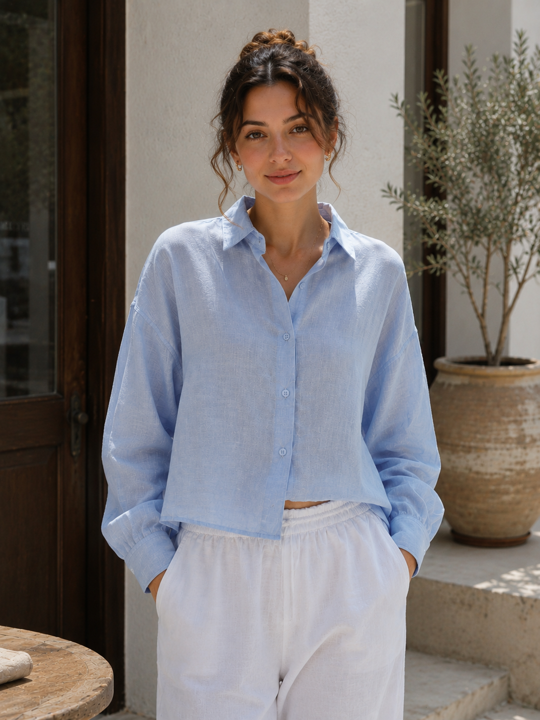Women's Sky Blue Relaxed Fit Linen Cropped Shirt