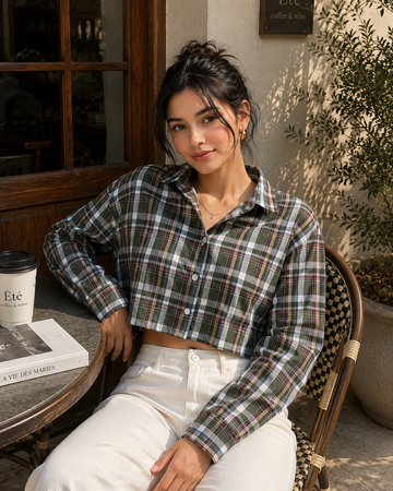 Olive Checkered Cropped Cotton Dropshoulder Shirt
