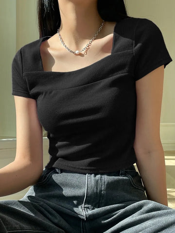 Rib-Knit Square Neck Tee Summer,Crop Tops Women