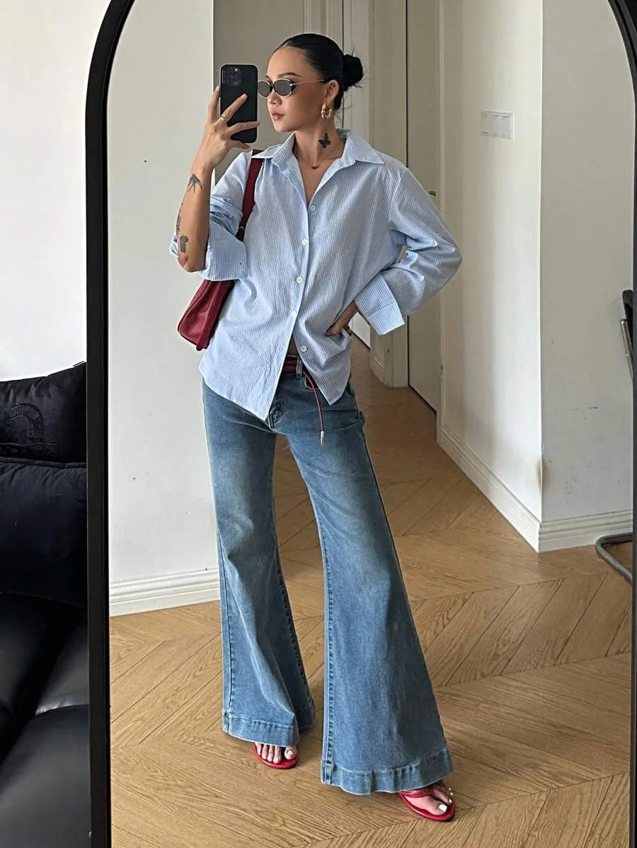 Women Striped Long Sleeve Shirt, Fashionable And Suitable For Summer,Fall Women Clothes
