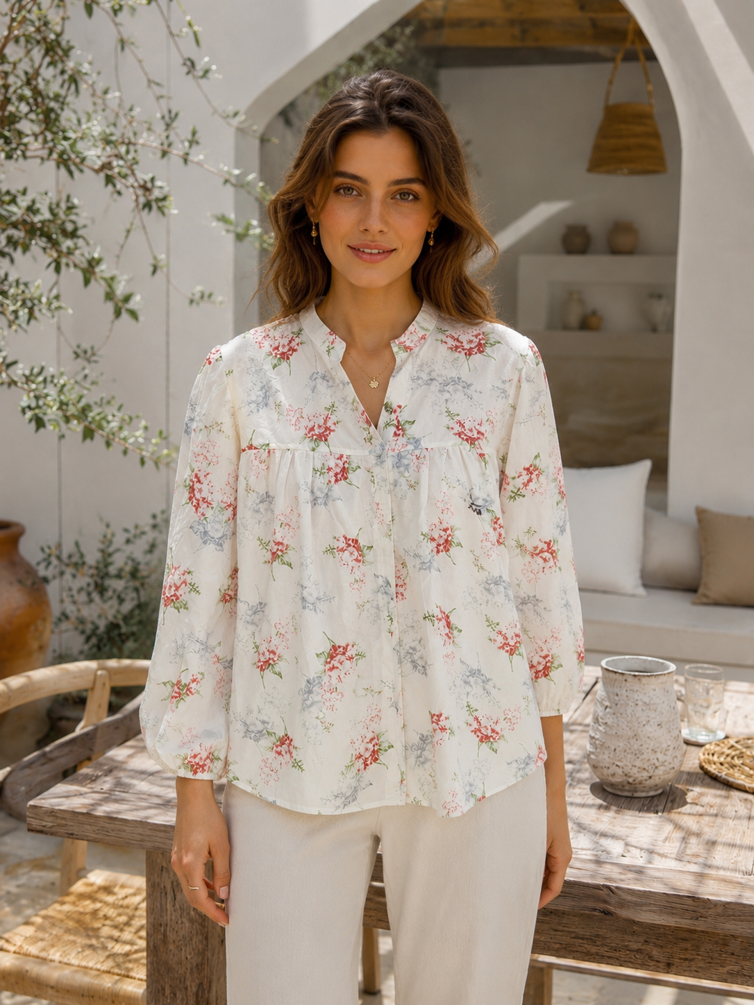 Women's Floral Print Puff Sleeve Blouse