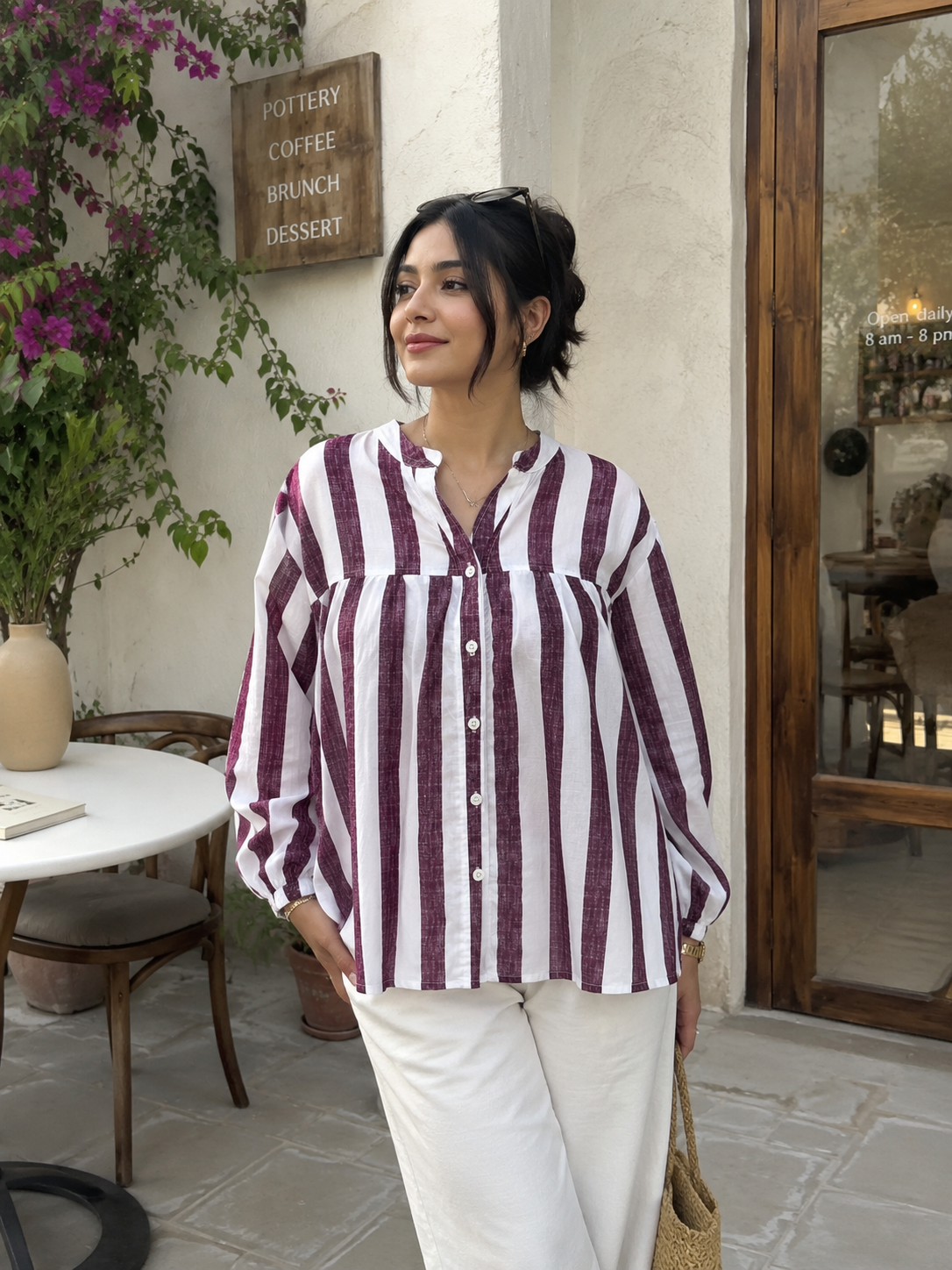 Women's Burgundy & White Striped Cotton Tunic Top